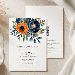 Navy Burnt Orange Watercolor Florals QR Wedding Einladung