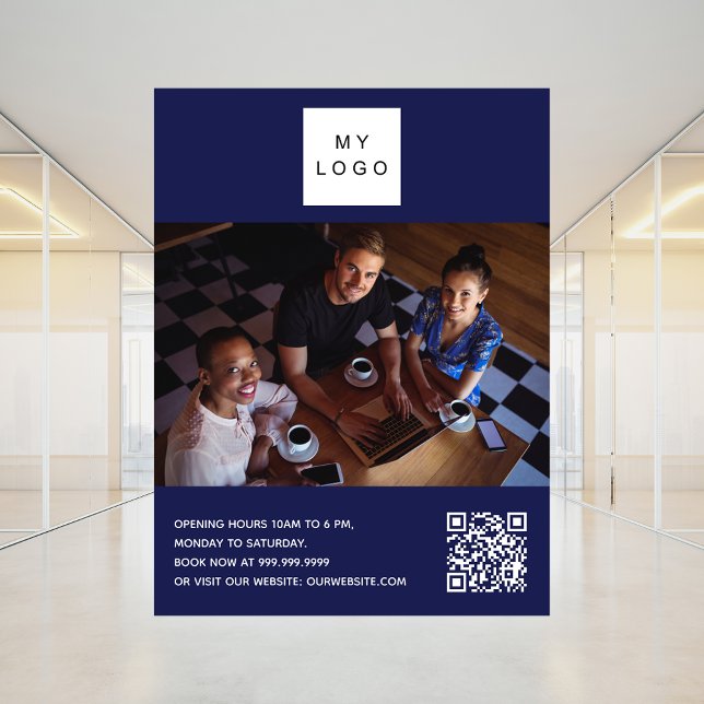 Navy Business Logo Foto willkommen QR-Code Poster (Von Creator hochgeladen)