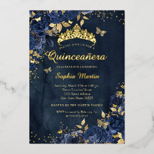 Navy Butterfly Blume Elegante Gold Quinceanera Folieneinladung