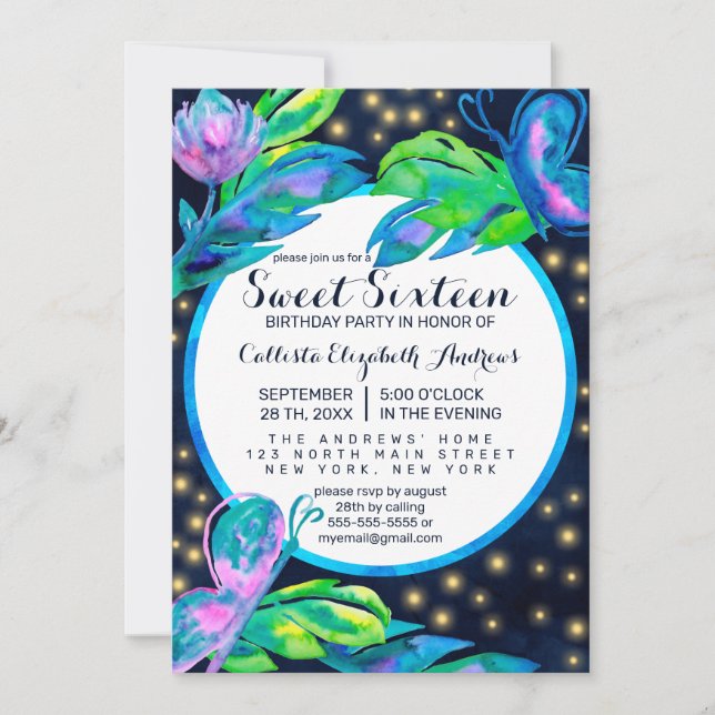 Navy Butterfly Floral Blätter Wasserfarbe Süß 16 Einladung (Vorderseite)
