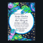 Navy Butterfly Floral Leaf Watercolor Bat Mitzvah Einladung<br><div class="desc">Dies ist eine majestätische und künstlerische Bat Mitzvah Einladung für die besondere Veranstaltung Ihres jungen Teenager. Es zeigt einen handbemalten, hellgrünen, türkisfarbenen, grünen, lila, neonrosa und neongelben Schmetterling, Blume und tropische Blätter rund um eine kreisförmige blaue Aquarellwand auf einem dunkelmarineblauen Nachthimmel. Im Hintergrund sind schöne leuchtende gelbe Glühwürmchen, um zu...</div>