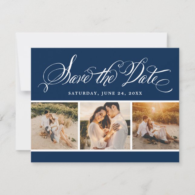 Navy Calligraphy Script Wedding Foto Collage Save The Date (Vorderseite)