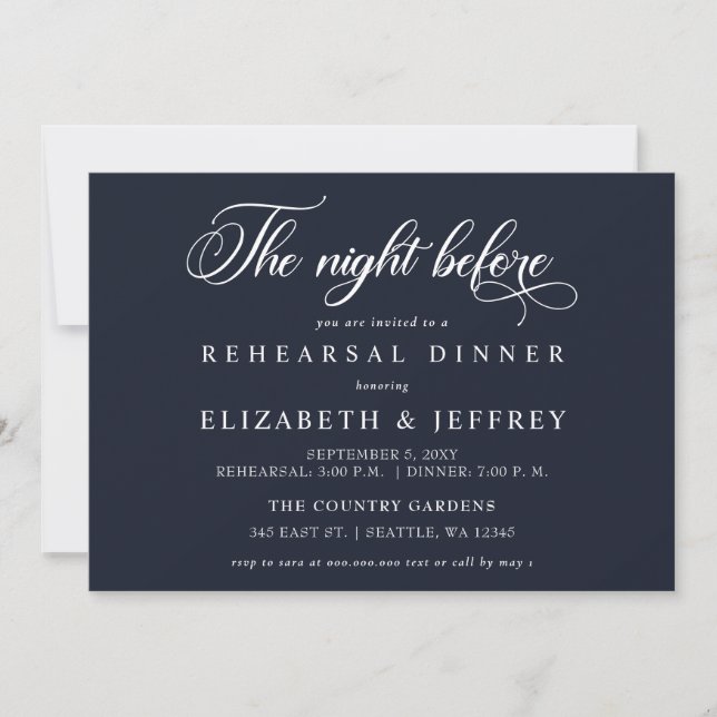 Navy Calligraphy The Night Before Probe Dinner Einladung (Vorderseite)