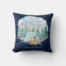 Navy Camping Adventure Forest Baby Boy Birth Stats Kissen