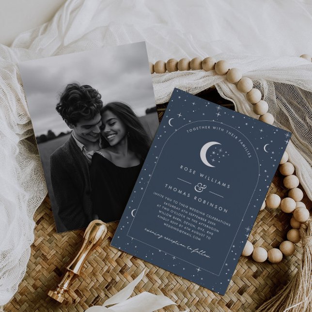 Navy Celestial Arched Wedding Invitation Foto Einladung (Zazzle Navy Celestial Arched Wedding Invitation Photo)
