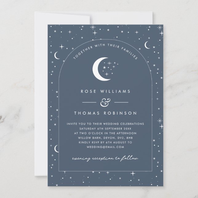 Navy Celestial Arched Wedding Invitation Foto Einladung (Vorderseite)
