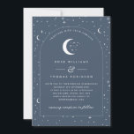 Navy Celestial Arched Wedding Invitation Foto Einladung<br><div class="desc">Eine himmlische Hochzeitseinladung mit Sternenmoon und einem marinebrandigen grauen Hintergrund und weißem Text mit Elementen. Sie können auch Ihr eigenes Foto auf der Rückseite hinzufügen. Passen Sie die Farbe des Sternmusters,  des Hintergrunds,  des Bogenfüllens und des Mondelements an!</div>