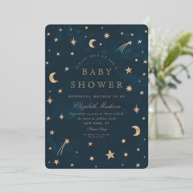 Navy Celestial Gold Stars Moon Baby Dusche Einladung (Von Creator hochgeladen)