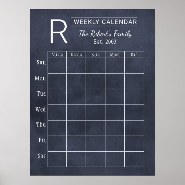 Navy Chalkboard Weekly Family Monogram Calendar Poster (Vorne)