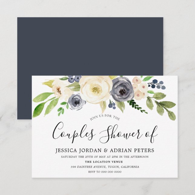 Navy & Champagne Watercolor Blume Paare Dusche Einladung (Vorne/Hinten)