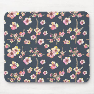 Navy Cherry Blossom Floral Mousepad