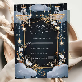 Navy Chic Golden Chandelier Wedding RSVP Karte