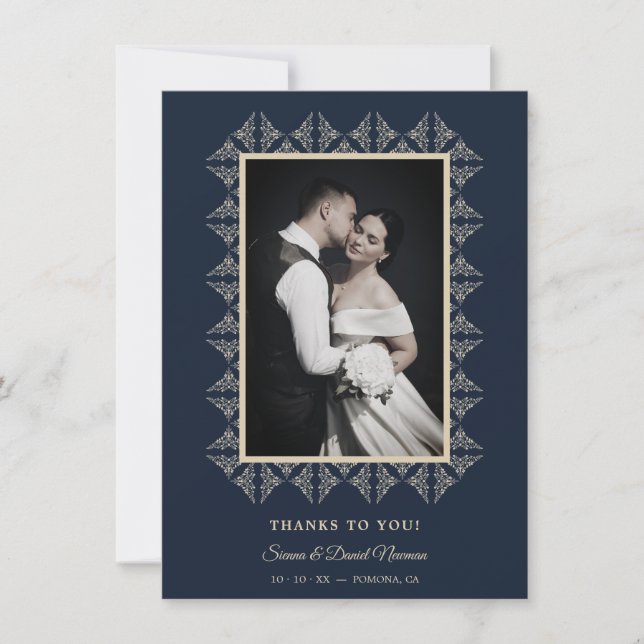 Navy Chic Wedding Flourish Lace Framed Photo Dankeskarte (Vorderseite)