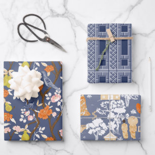 Navy Chinoiserie Birds and Pagodas Geschenkpapier Set