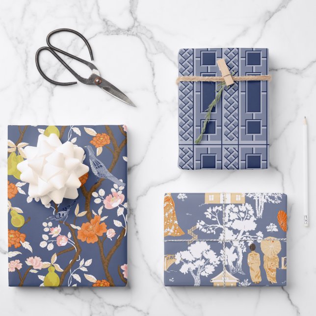 Navy Chinoiserie Birds and Pagodas Geschenkpapier Set (Vorderseite)