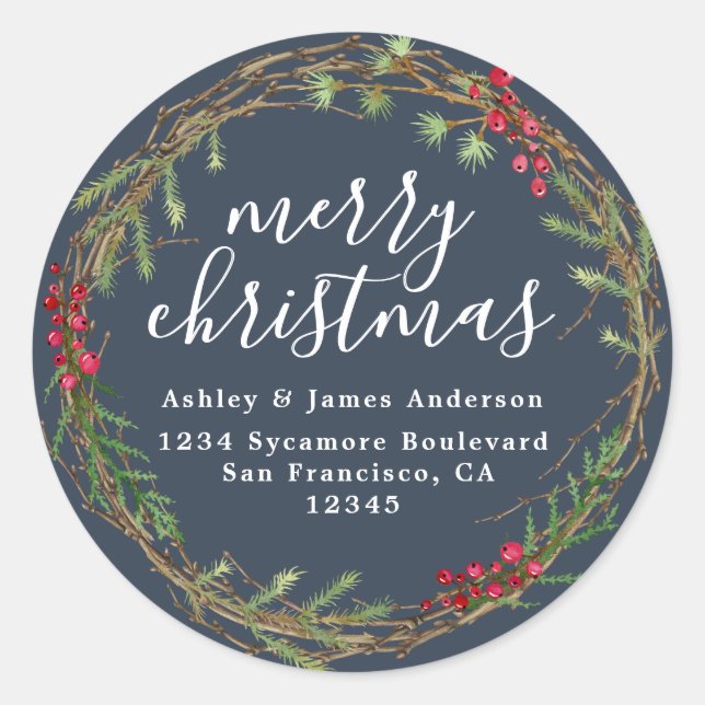 Navy Christmas Wreath Return Address Runder Aufkleber (Vorderseite)