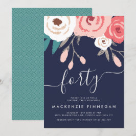 Navy & Coral Fortieth Birthday Party Einladung
