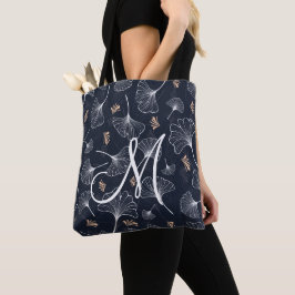Navy Coral Ginkgo Monogram Tote Bag Tasche