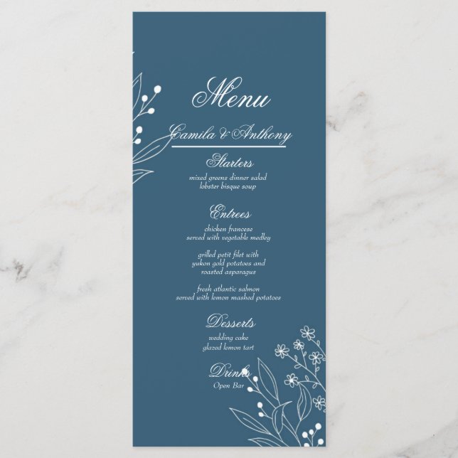 Navy Corner Floral Boho Wedding Menükarte (Vorderseite)
