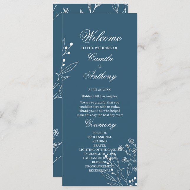 Navy Corner Floral Boho Wedding Programm (Vorne/Hinten)