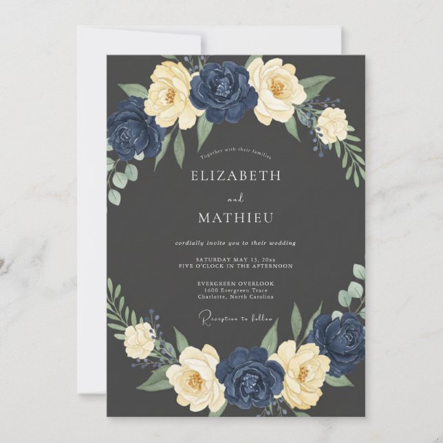 Navy Cream Bloom Hochzeit Einladung (Vorderseite)
