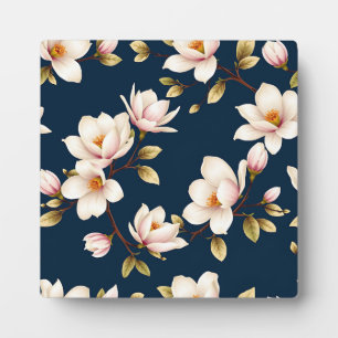 Navy-Creme-Magnolienblüten-Muster Fotoplatte