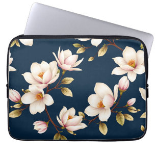 Navy-Creme-Magnolienblüten-Muster Laptopschutzhülle