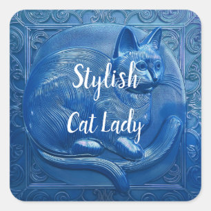 Navy Custom Art Nouveau Cat Lady Quadratischer Aufkleber