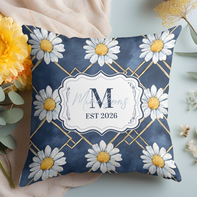 Navy Daisy Gingham Monogram Decor Kissen (Von Creator hochgeladen)