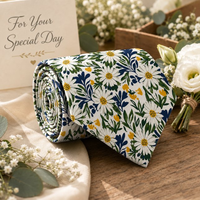 Navy Daisy- und Senfblumenmuster  Krawatte (Von Creator hochgeladen)