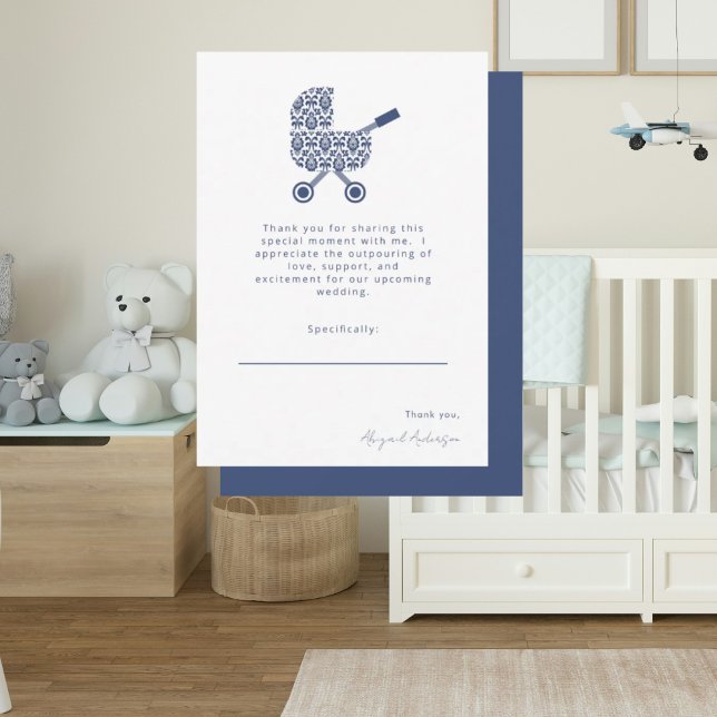 Navy Damask Pram Kinderdusche Dankeskarte (Von Creator hochgeladen)
