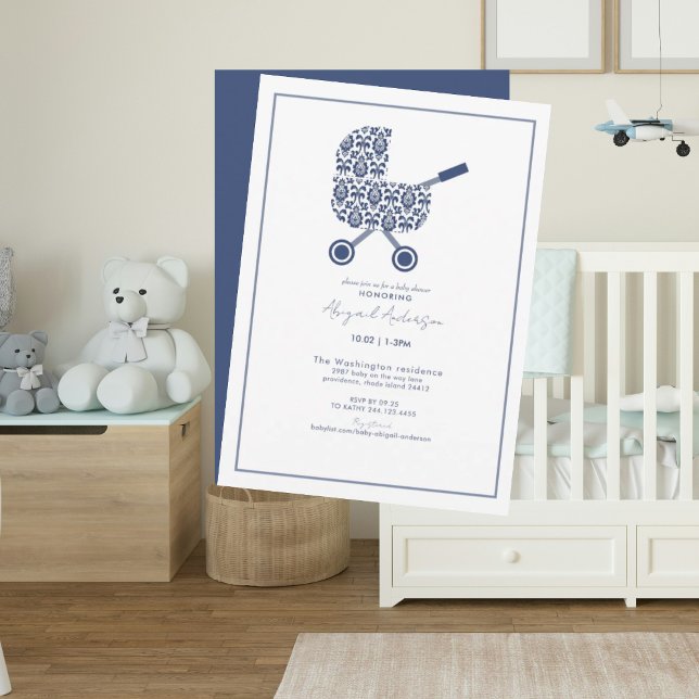 Navy Damask Pram Kinderdusche Einladung (Von Creator hochgeladen)