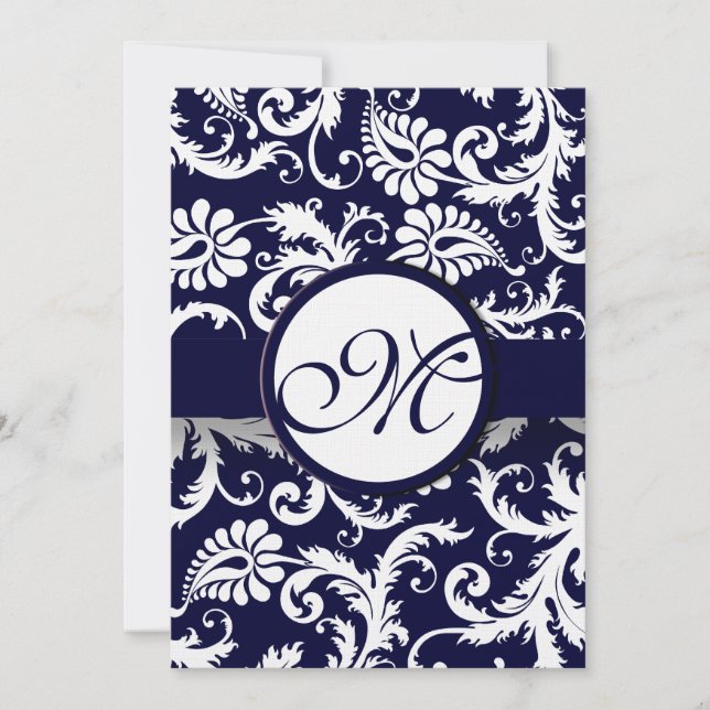 Navy Damask Swirls Wedding Invitation Einladung (Vorderseite)