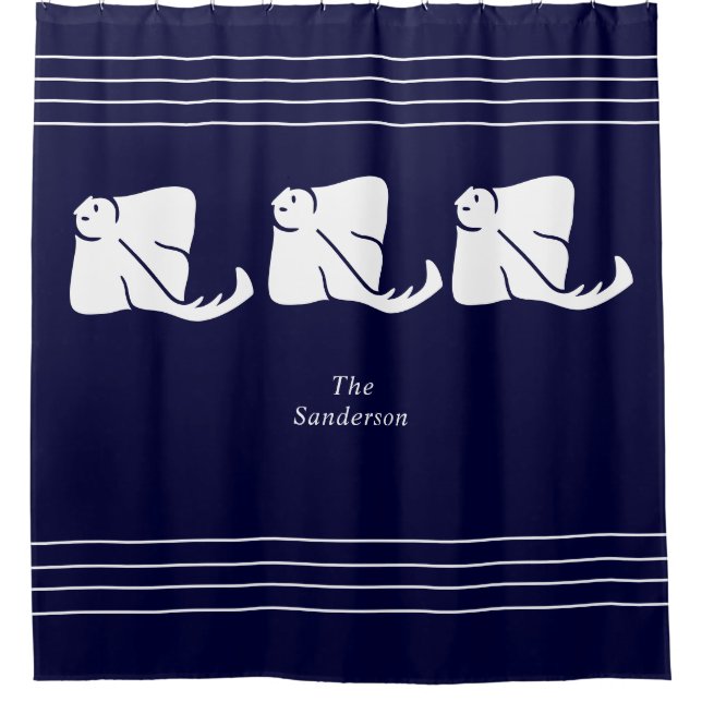 Navy Dark Blue Coastal Nautical Stingray Manta Ray Duschvorhang (Vorderseite)