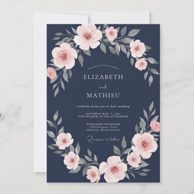 Navy Delicate Bloom Hochzeit Einladung (Vorderseite)