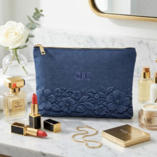 Navy Denim Blumen Monogramm Design Zubehörtasche