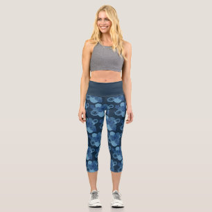 Navy Denim Tropical Blume Print Capri Yoga Pants Leggings