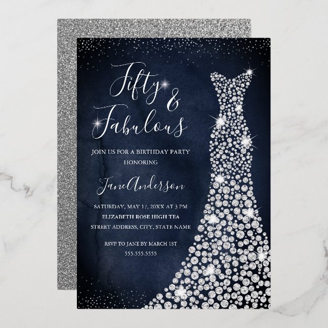 Navy Diamond Dress 50 & Fabulous Birthday Foil Folieneinladung (Vorderseite/Rückseite)