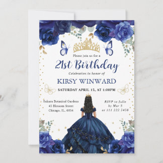 Navy Dress Black Hair Princess Birthday Einladung