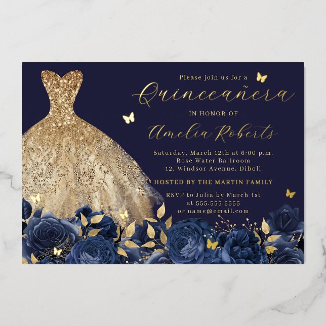 Navy Dress Gold Butterfly Folieneinladung (Vorderseite)