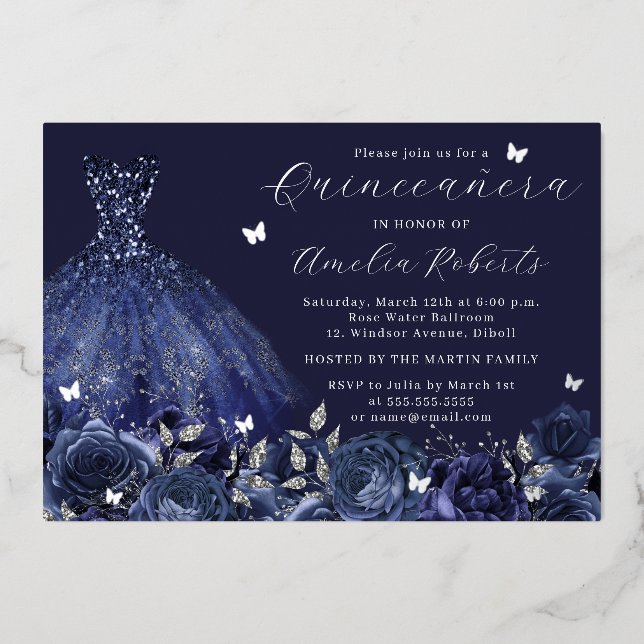 Navy Dress Silver Butterfly Floral Folieneinladung (Vorderseite)