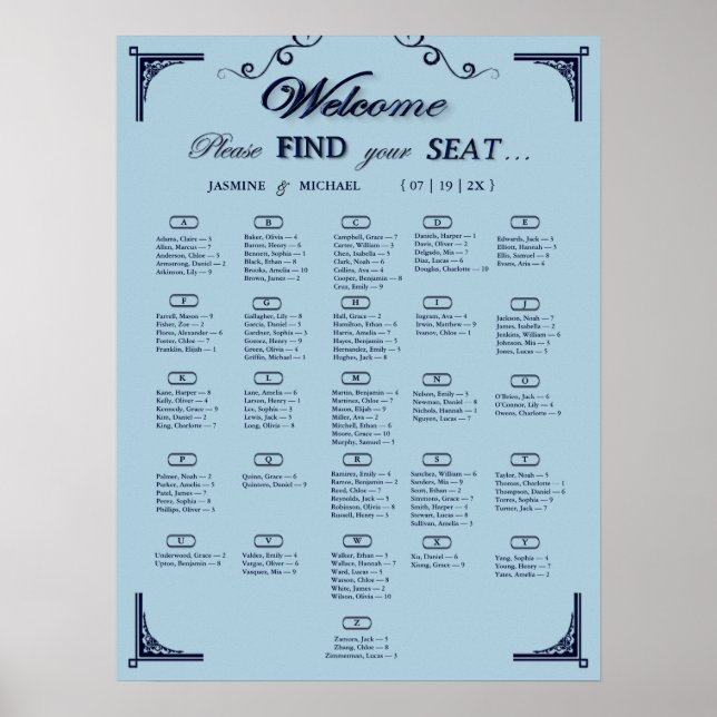 Navy Dusty Blue Alphabetical Wedding Seating Chart Poster (Vorne)