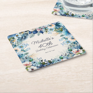 Navy Dusty Blue Blumen 40. Geburtstagsfeier Rechteckiger Pappuntersetzer