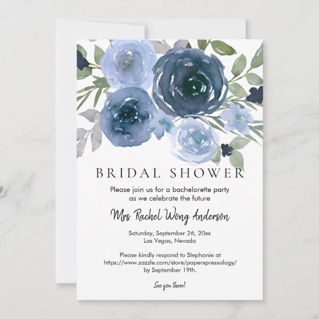 Navy Dusty Blue Boho Floral Foto Brautparty Einladung (Vorderseite)
