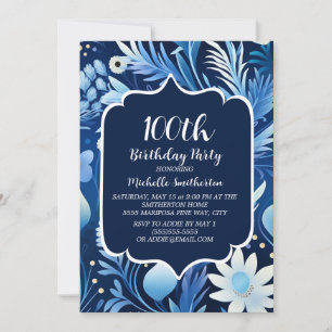 Navy Dusty Blue Floral 100. Geburtstag Einladung