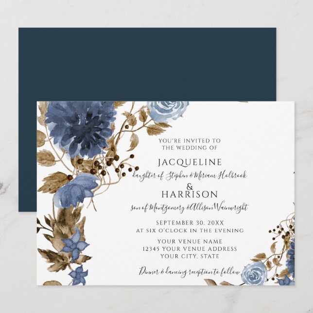 Navy Dusty Blue Floral Earthy Foliage Wedding Einladung (Vorne/Hinten)