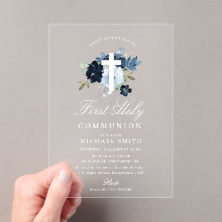 Navy & dusty blue floral first holy communion acryleinladungen
