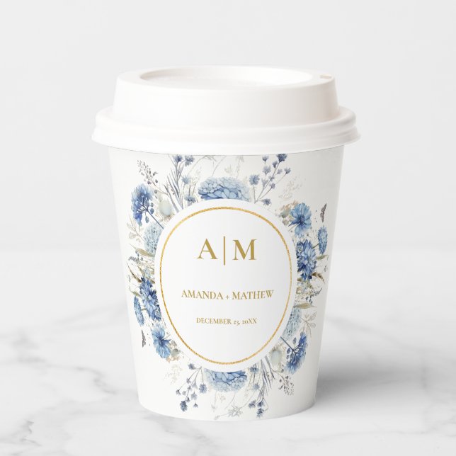 Navy Dusty Blue Floral Spring Bloom Wedding Pappbecher (Vorderseite)