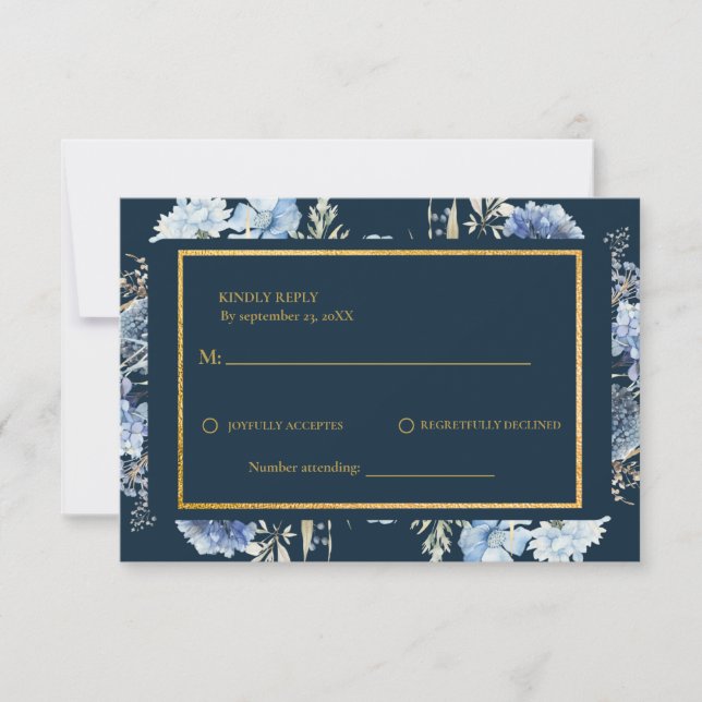Navy Dusty Blue Floral Spring Bloom Wedding RSVP (Vorderseite)