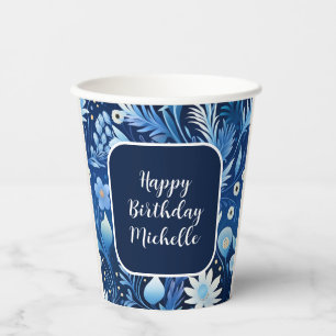 Navy Dusty Blue Flowers Happy Birthday Pappbecher